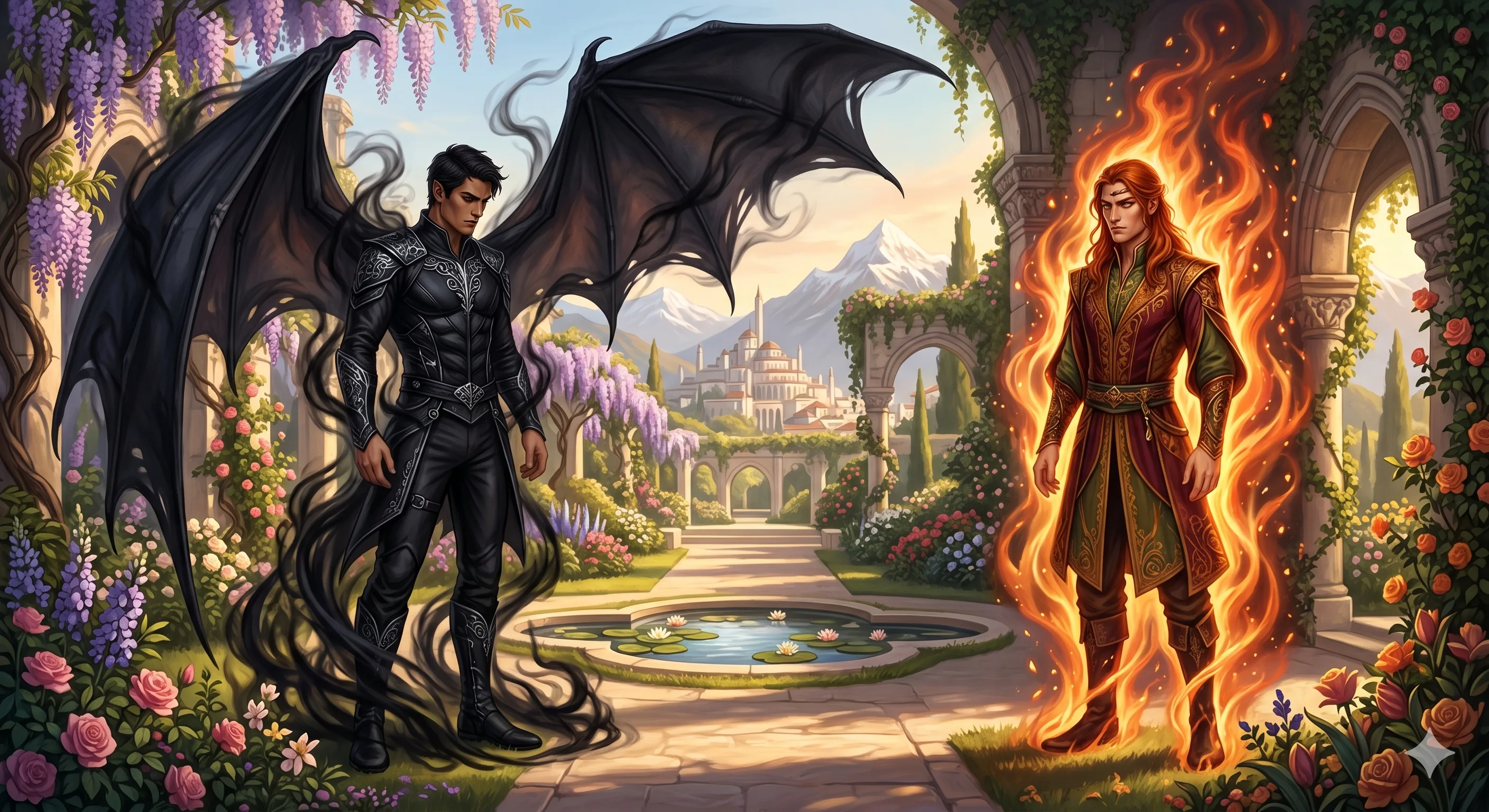 A sunlit garden in Velaris overshadowed by two looming figures: one wreathed in shadows, the other glowing with autumn fire.