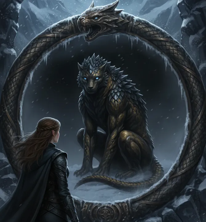 Feyre gazes into the Ouroboros mirror, also known as the Mirror of Beginnings and Endings, to claim it.